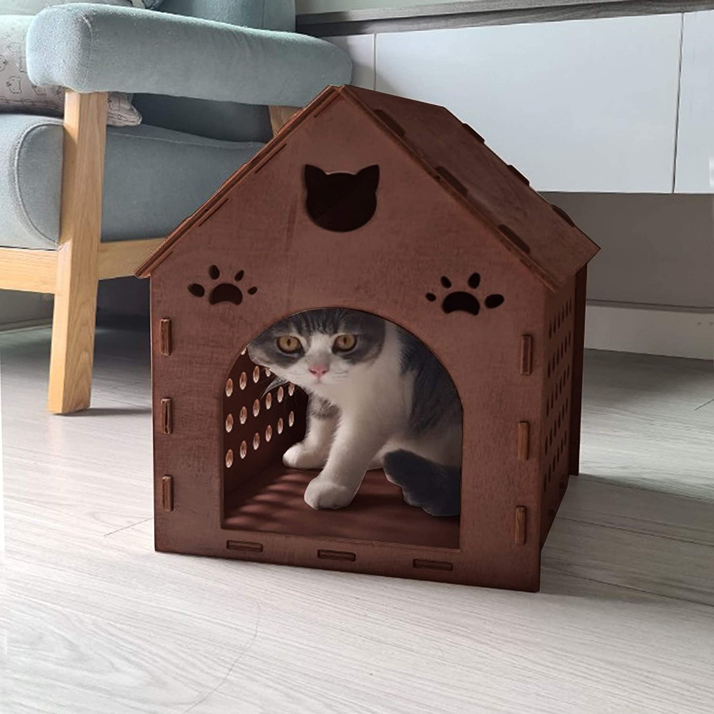 Wooden Kitty House Cat Shelter House for Cats, Rabbits, Dogs and Small Pets