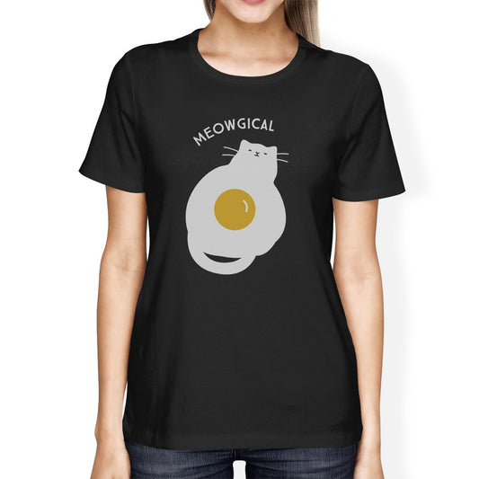Meowgical Cat and Fried Egg Womens Black Shirt